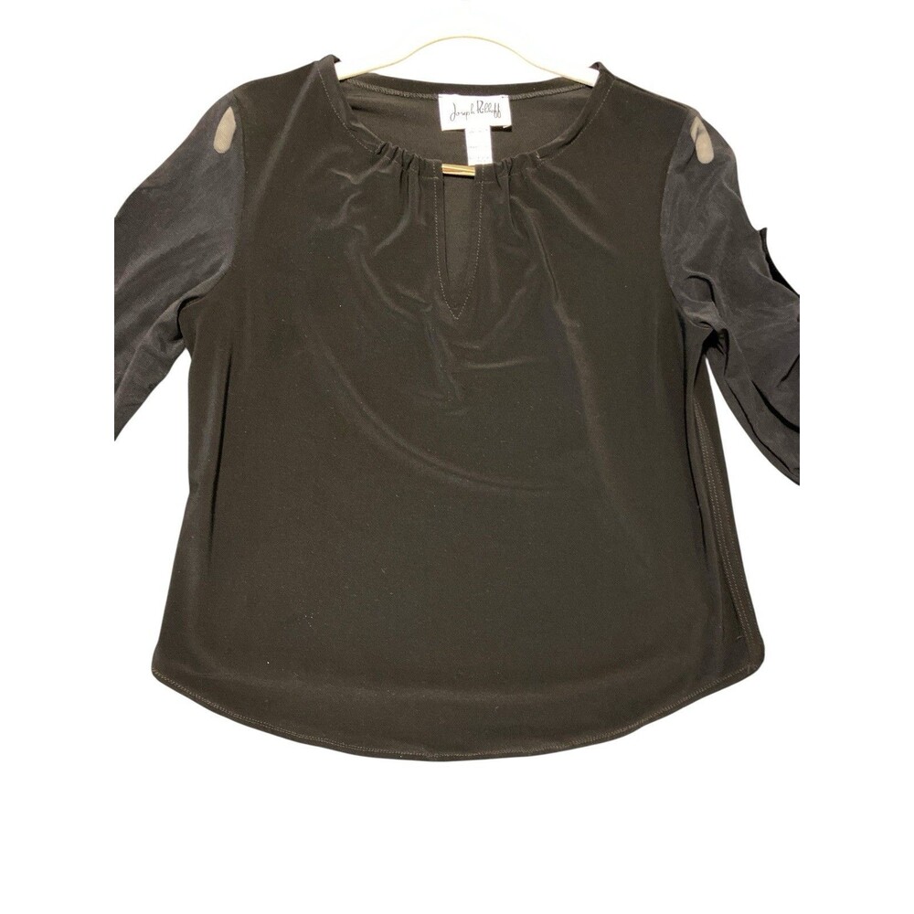 Joseph Ribkoff Woman’s Black Blouse Size 8 Sheer Ruched Sleeves Slit‎ Neck